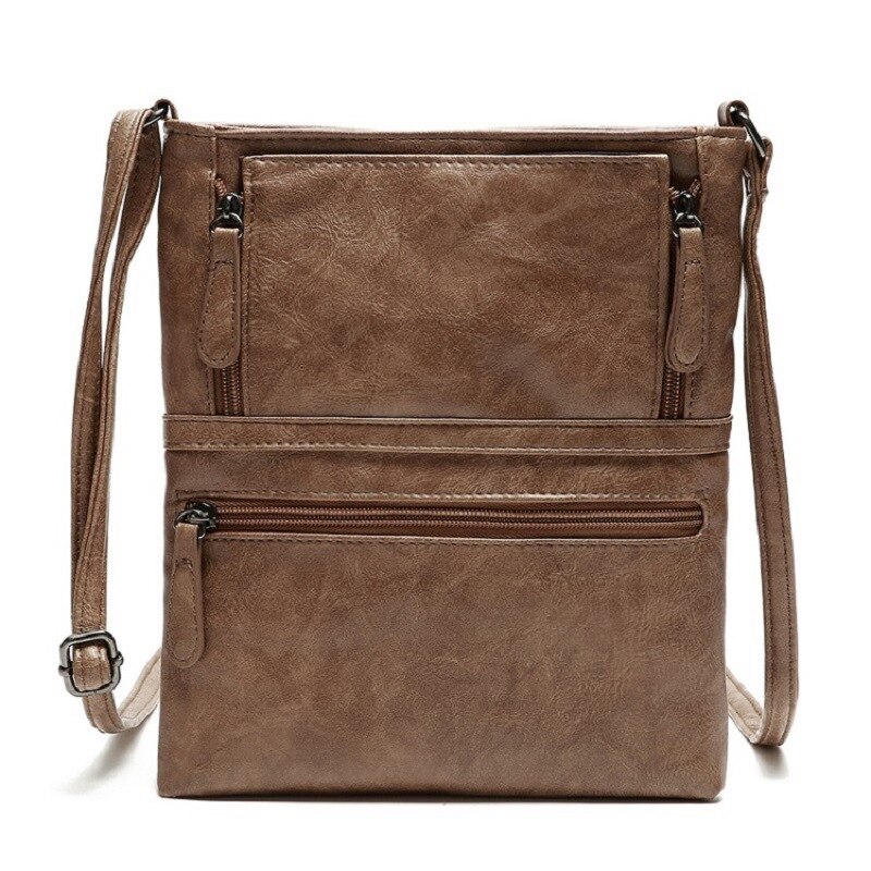 Väskor för kvinnor vintage messenger bag dubbel dragkedja pu läder handväska cross body väska casual axelväskor kvinnlig bolsa: Kaki