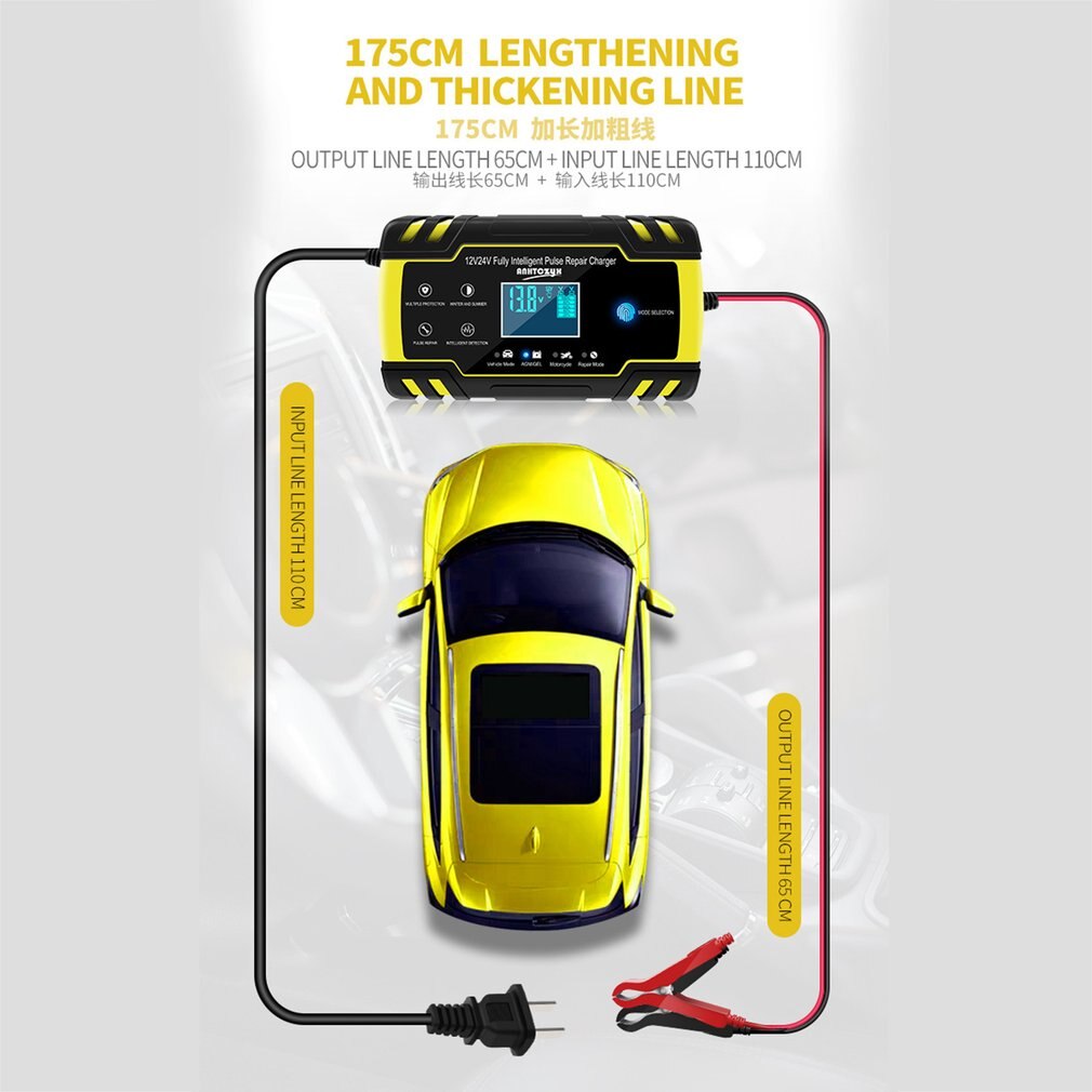 12V 8A / 24V 4A 6-150Ah LCD Car ATV Motorcycle Pulse Repair Battery Charger Automatic Battery Charging Device