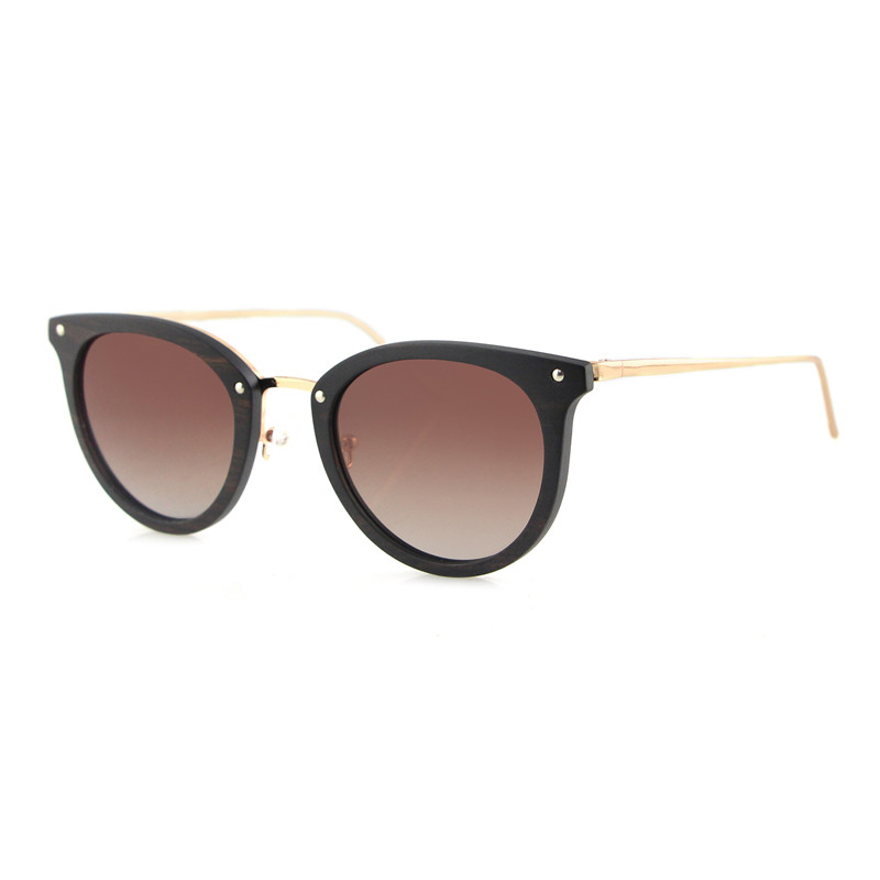 Skymood Vintage Women's Polarized ROSE Gold Tint Lens Cat Eye Steel Metal Ebony Wood Frame Sunglasses