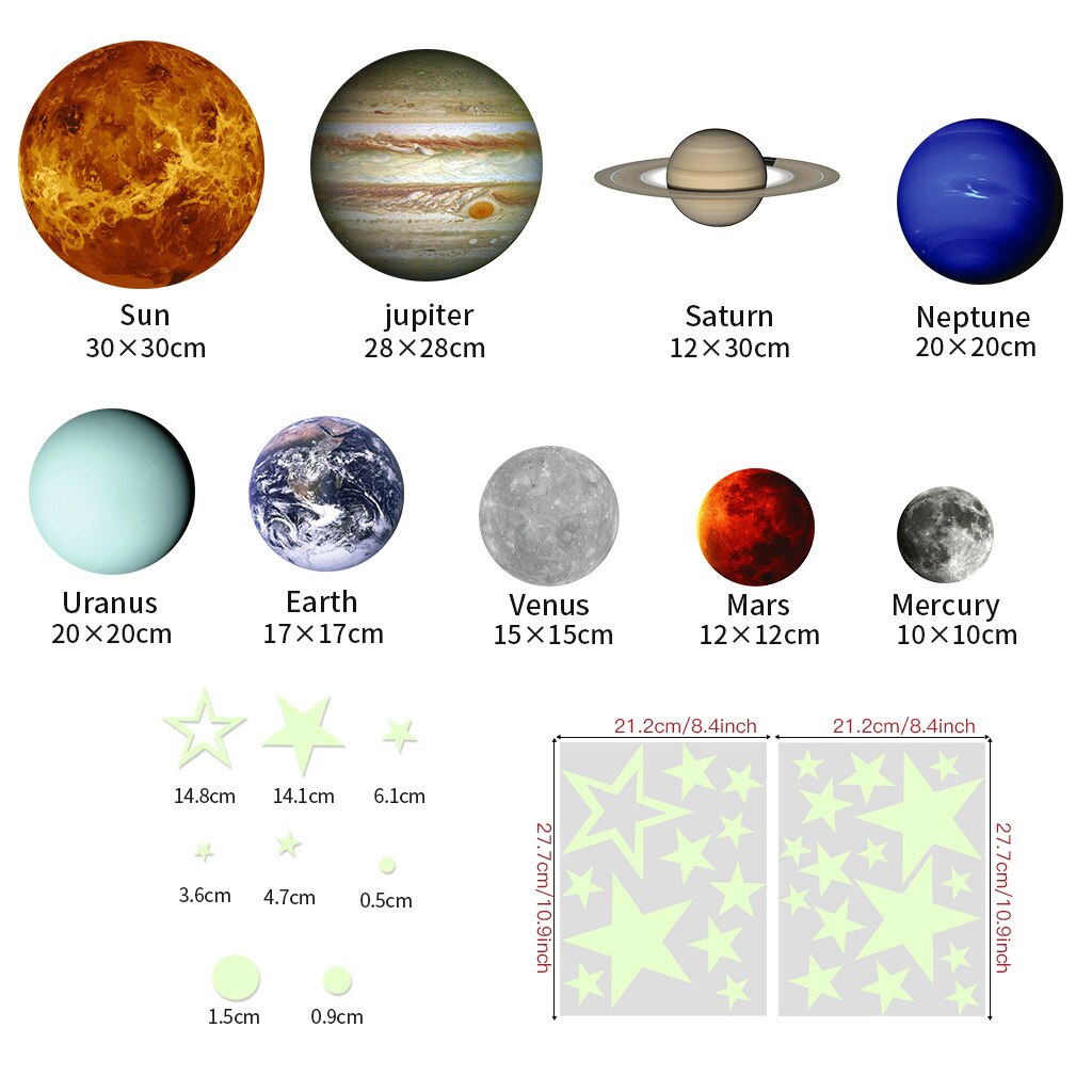 Pegatinas de pared que brillan en la oscuridad de estrellas, planetas, puntos luminosos, estrellas y luna, decoración para dormitorio de bebés y niños, calcomanías de pared de techo: 36 Pcs  L