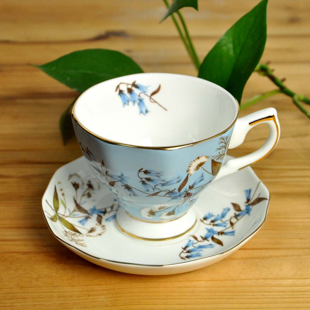 Bone porcelæn ,1 kop +1 underkop, eftermiddagste sæt, keramik til kaffe og puer/sort/frugt/blomst te, blå klokkeblomst