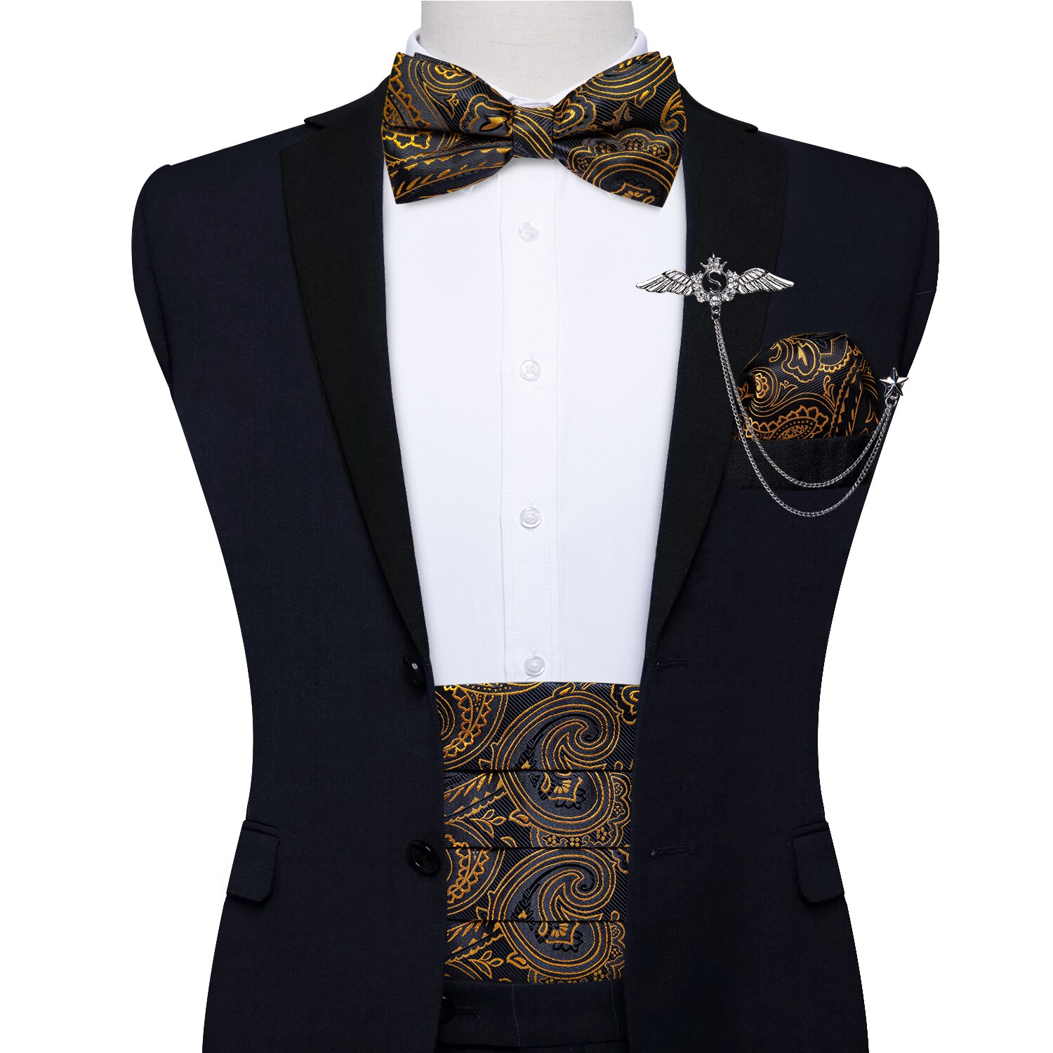 Prämie die Seide Männer Kummerbund Vor-gebunden Fliege Manschettenknöpfe Tasche Platz einstellen Schwarz Einstellbare Hochzeit Rauchen gürtel: YF-3001-0016