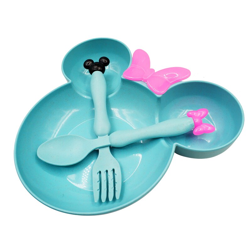 Plato de paja de trigo para bebé, vajilla de dibujos animados, vajilla, Bol para niños, cuchara, tenedor, plato de fruta, cuenco de entrenamiento para niños con platos: Blue(without box)