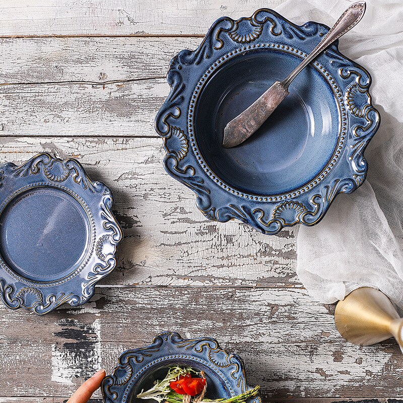 Kreative Barock Keramik Geschirr Gericht Westlichen Lebensmittel Erzähler Salat Schüssel Suppe Schüssel Weiß Glasur Geprägt Juni Teng Serie