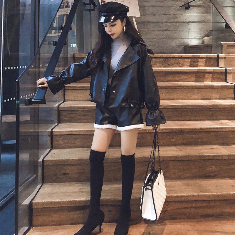 Spring and autumn women's leather jacket short loose high waist leather jacket