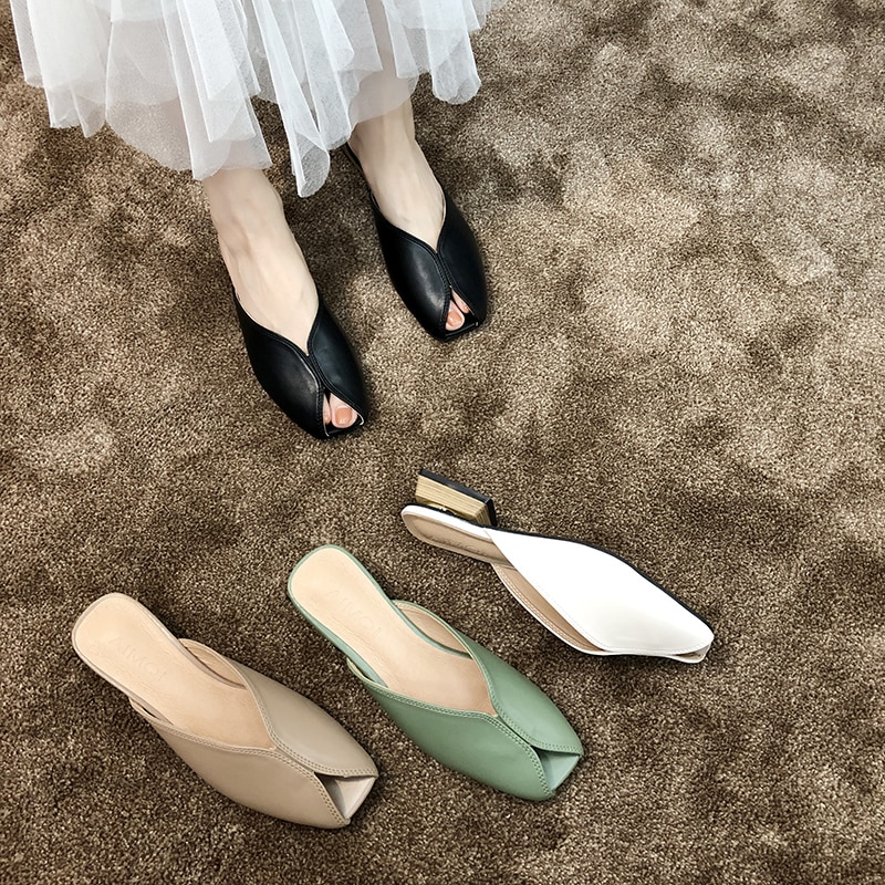 Peep toe tofflor mules skor kvinnor med chunky heel läder pumps sandaler sommar vår casual drags slides 4 cm