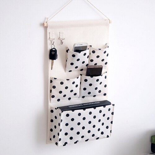 Canvas Storage Hanging Bag Wall Hanging Door Dormitory Hanging Bag 5 Pocket Space Sundries Hanging Organizer: Black Point