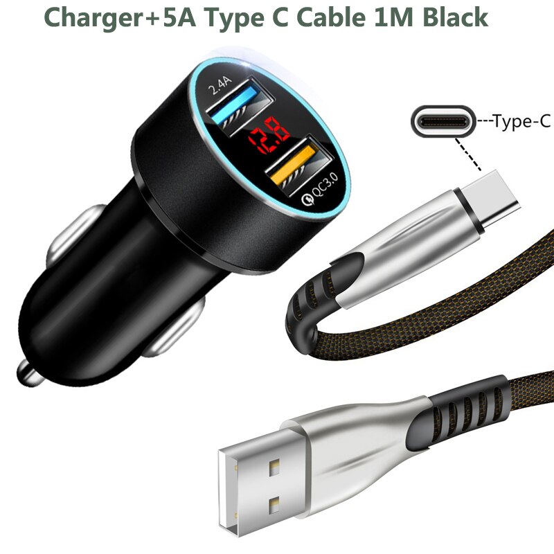 Cable cargador de coche QC 3,0 para Huawei P20 P30 P40 Pro Mate 30 20 Pro lite Honor 30 tipo C USB cargador de datos de carga súper rápida para coche: Charger Cable Black