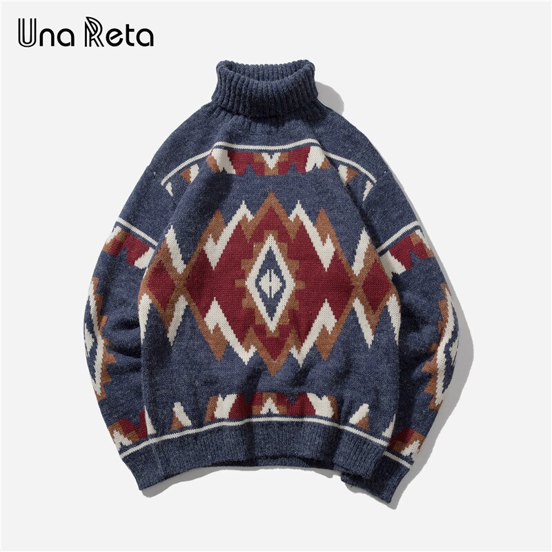 Una reta turtleneck herre sweater efterår print argyle strikkede trøjer afslappet løs vintage pullover mænd: Blå / M