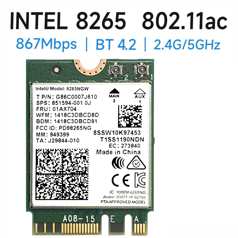 Wireless-AC 8265 Dual Band 2.4G/5Ghz Wifi Bluetooth Wlan Per 8265NGW NGFF 802.11ac 867Mbps 2x2 MU-MIMO BT 4.2 Scheda: Default Title