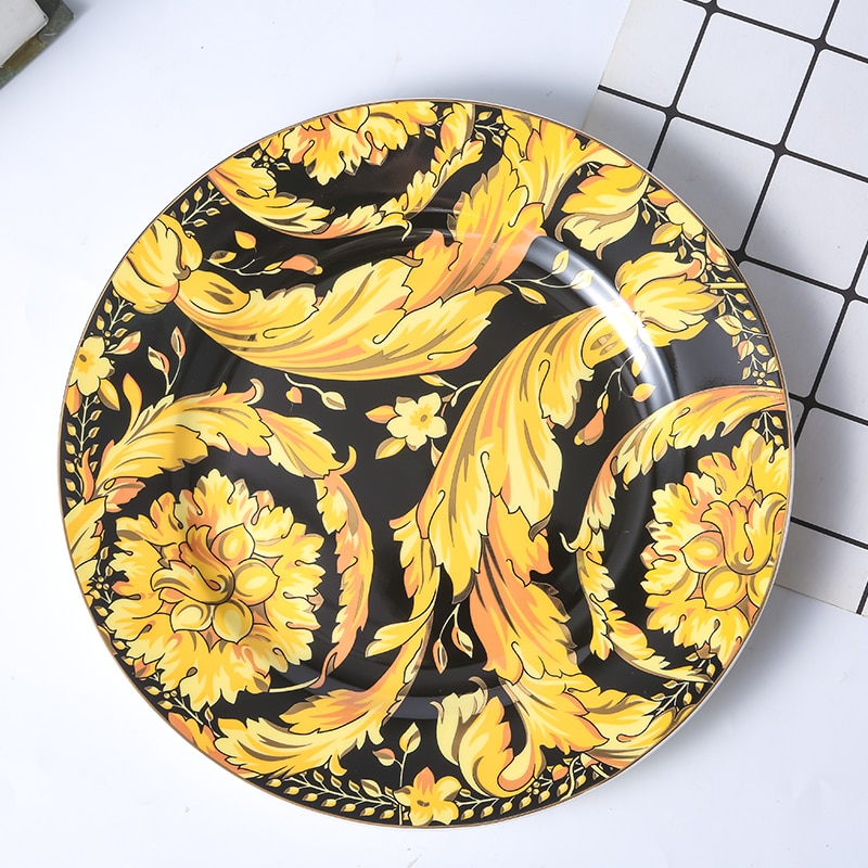 Luxury Porcelain Gold Dinner Plate Kitchen Accessories Dinnerware Serving Flower Plate For Dessert Food Eruope Dishes Bone China
