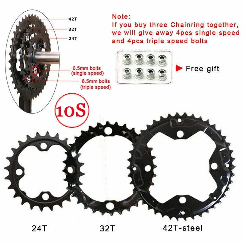 2*10s 3*10s 3*9s fietskettingblad 104 bcd 64 bcd mtb kettingblad fietskettingwiel 22/24/26/32/38/42/44t voor dubbel/triple crankstel: Lichtgeel