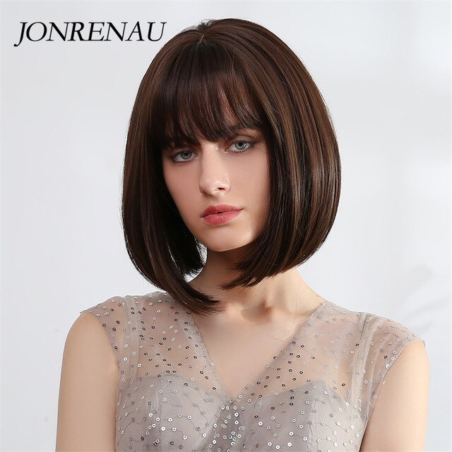 Jonrenau 8 tommer syntetisk kort lige paryk lys blonde brune parykker med pandehår pixie cut parykker til hvide sorte kvinder: Ss155