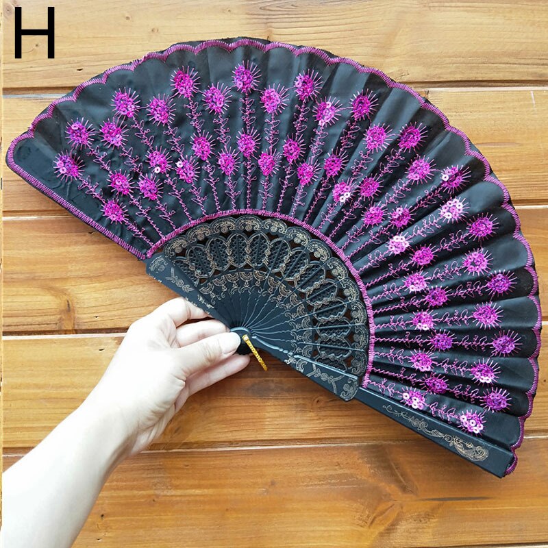 Art Fan Folding Tail Feather Plastic Bone Sequins Carved Hand Fan Summer Accessory Crafts Print Home Decor Embroidery: H