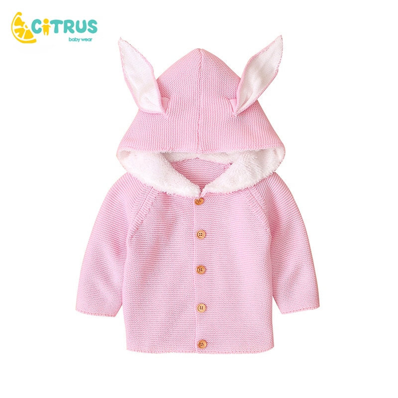 CITRUS Baby Rabbit Ear Hood Sweater Boys Girls Cardigans Autumn Toddler Long Sleeves Knitwear Jackets Winter Children Knit Tops