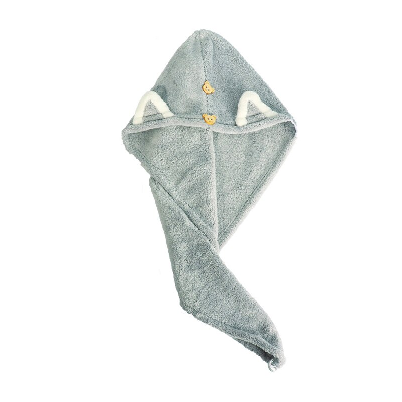 Quick Dry Hair Towels Women And Child Cute Cat Ear Super Absorption Thicker Microfiber Turban Towels With Bear Buttons: Adult Gray