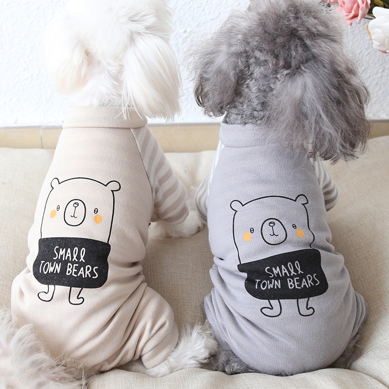 Gul grå farver xs-xl størrelser varmt efterår og vinter sød hund jumpsuit med bjørneprintet firbenet tøj til kæledyr