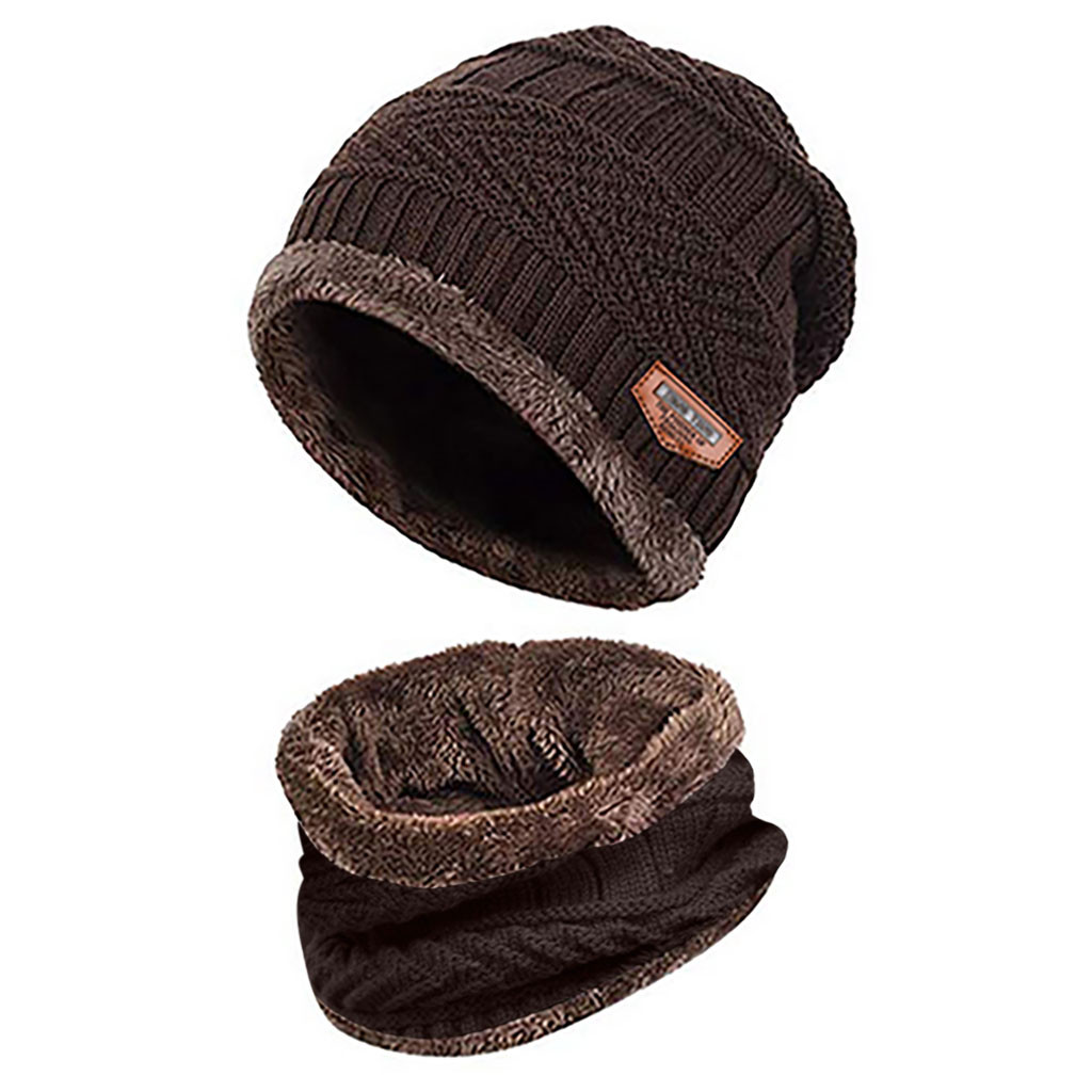 Vinter strikket hue tørklæde sæt til mænd tyk fleece varm hue hat tørklæde sæt solid strik vindtæt udendørs ski cap ring tørklæde: Kaffe