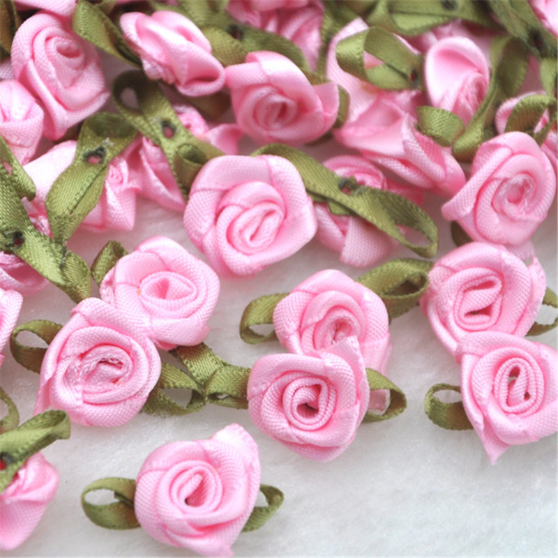 50 pcs Satin ruban fleurs arcs Rose couture mariage Appliques artisanat B039