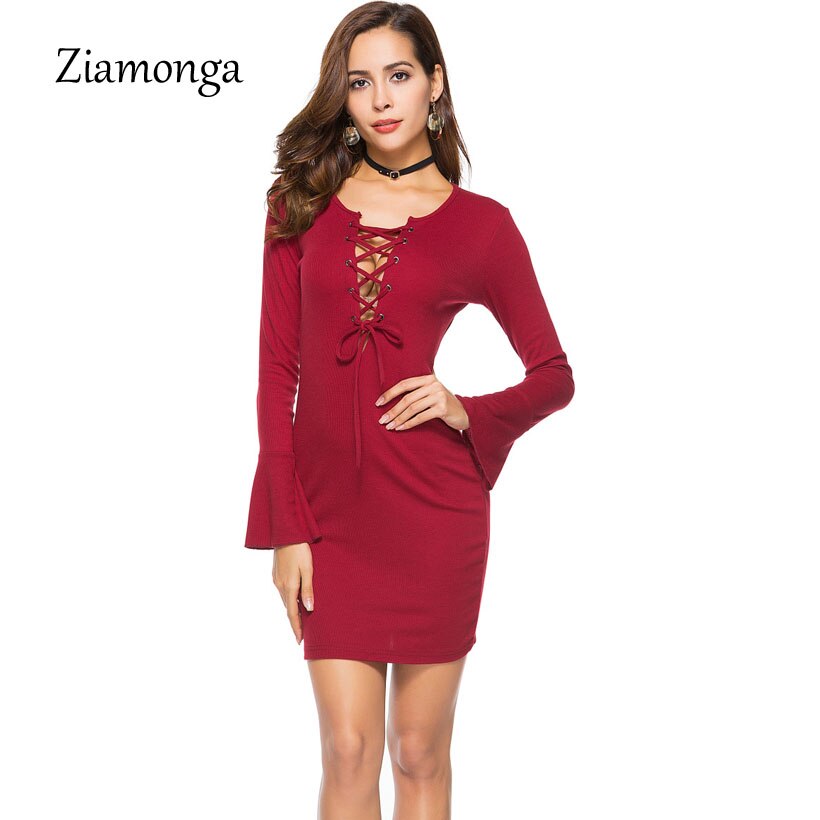 Ziamonga Lace Up Gebreide Trui Vrouwen Jurk Skinny Pull Knit Bodycon Winter Jurk Herfst Jumper Vintage Trui: Red / XL