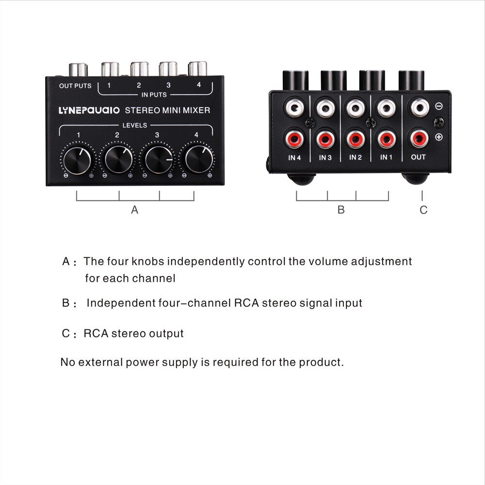 Nobsound Mini Stereo RCA 4-channel Passive Mixer Lossless Audio for Live & Studio Black