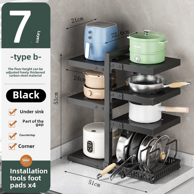 Mehrschichtiges Küchenregal unter der Spüle, Schrank, Topfregal mit mehrschichtigem Lagerregal, auf der Arbeitsplatte genähtes Topfdeckelregal: Gelb