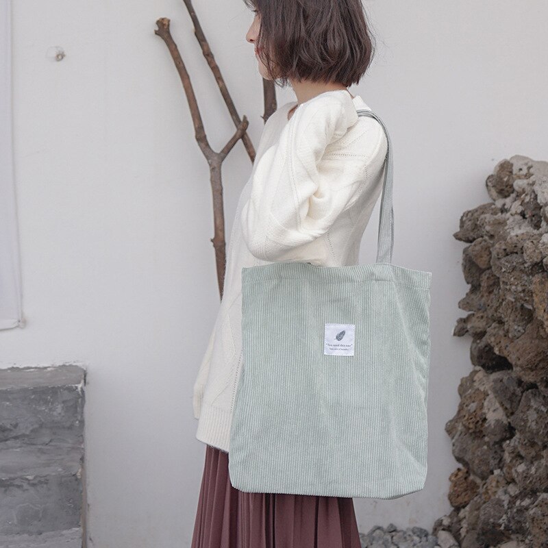 Women Corduroy Canvas Tote Handbag Female Cloth Shoulder Bags Young Ladies Casual Shopping Bag Girls Reusable Folding Bags: Light Green