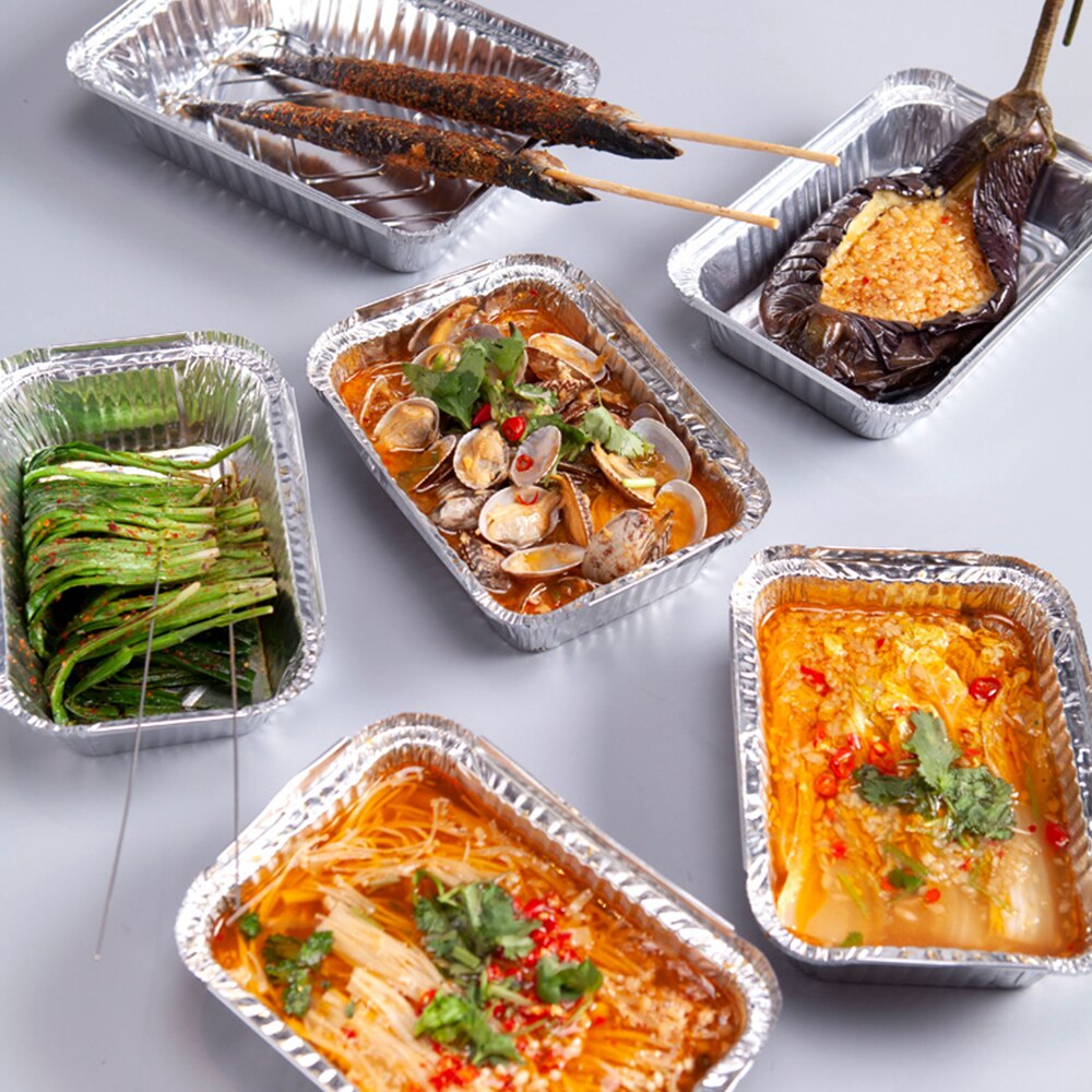 Disposable Rectangle BBQ Aluminium Foil Box With Cover Food Tray Tin Lunch Box Grease Drip Pans Tray Outdoor Cooking Accessories