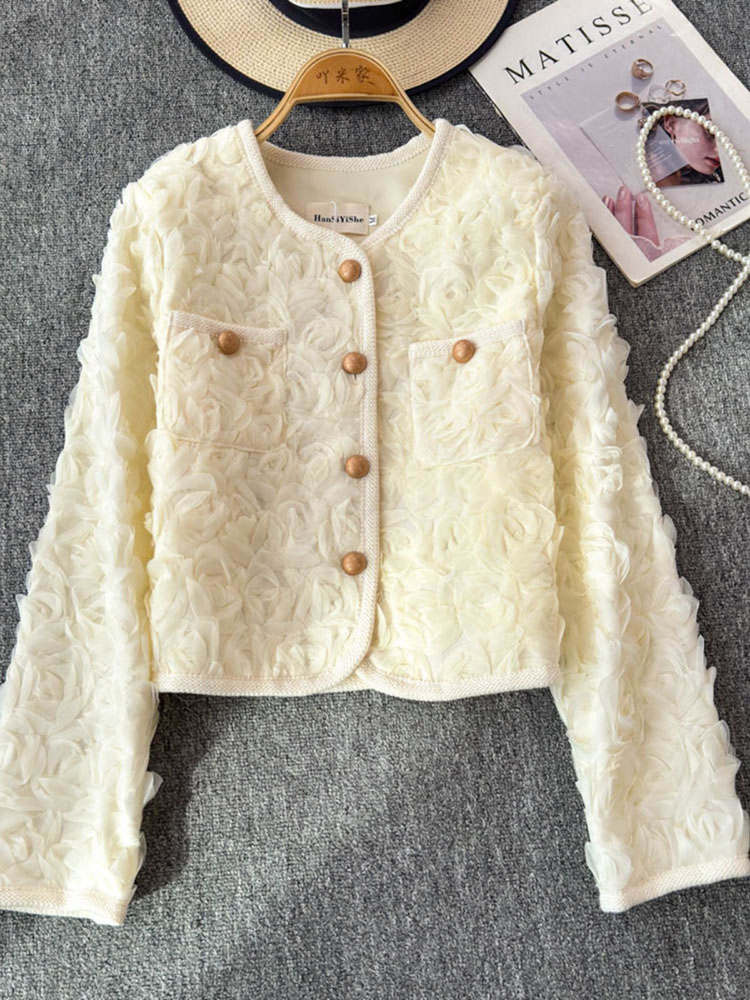 2023 neue Frauen Temperament Süße Jacke Dreidimensionale blumen äußere Kleine Duft Rundhals Langarm Mantel: L / Beige