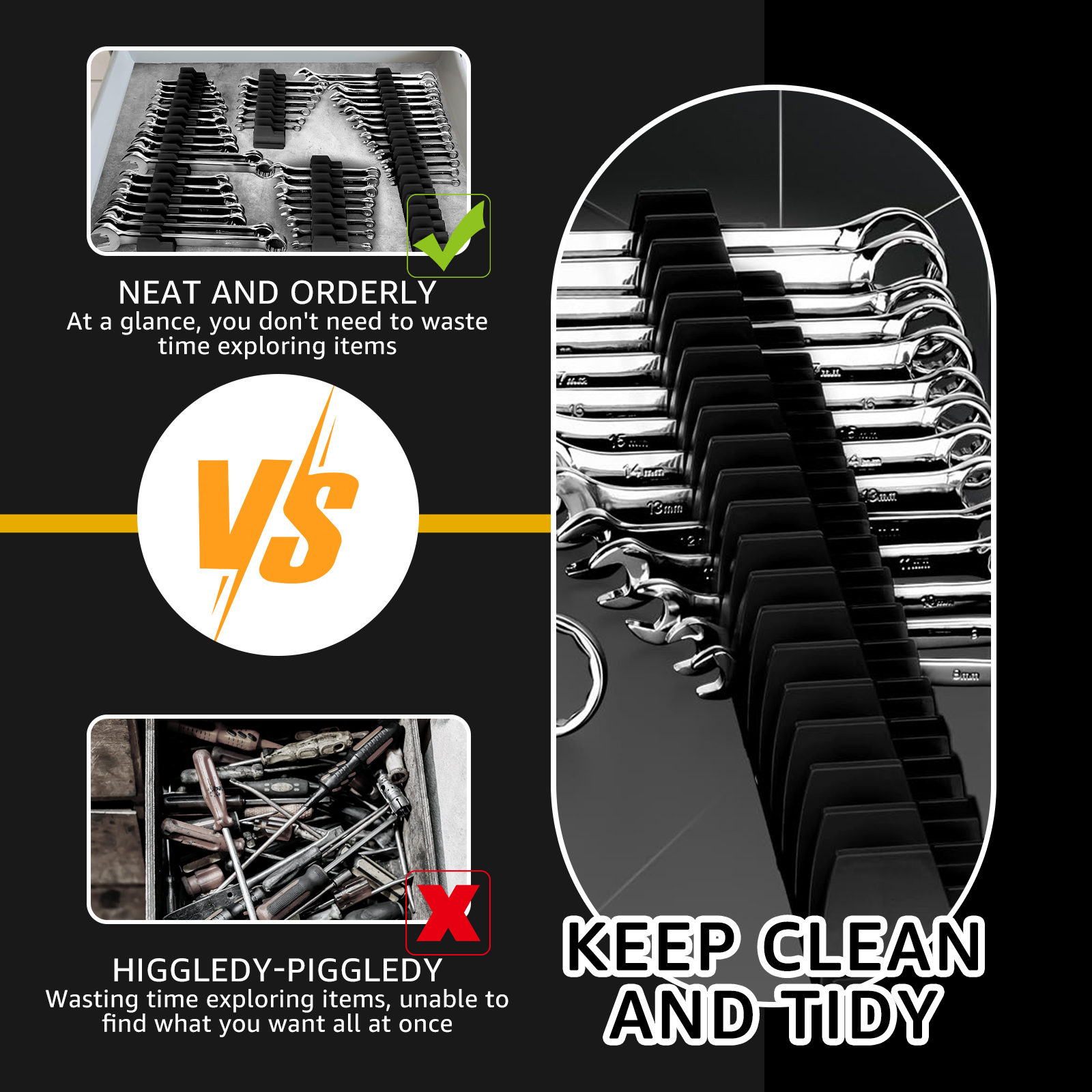 Magnetic Wrench Organizer for Tool Box, Easy Accessibility Magnetic Wrench Holder for 24 Wrenches,Modular Wrench Organizer Black