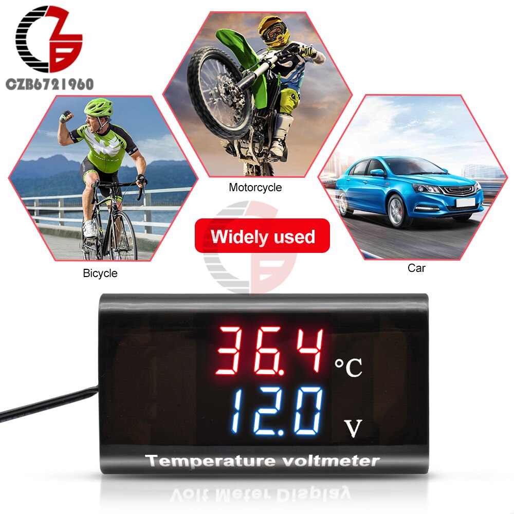 Voltímetro Digital IPX6 para motocicleta y coche, termómetro DC 8-18V 12V, probador de batería, medidor de voltaje impermeable, medidor de Sensor de temperatura