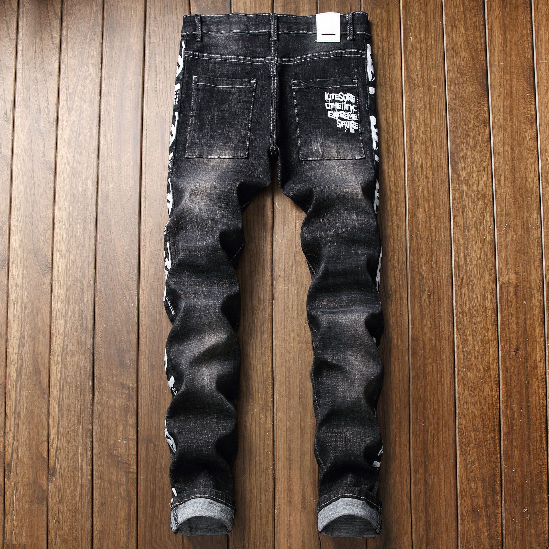 Herr streetwear slitna jeans hål stretchtryckta jeansbyxor för män långa klassiska slim fit byxor för herrkläder