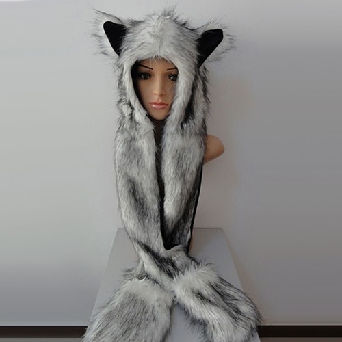 Vrouwen Mode Wolf Oren Poten Faux Bont Eco-vriendelijke 3 in 1 Hoed Sjaal Mittens Winter Warm Cap Christmas cosplay Party voor vrouwen cosplay Accessoires Halloween