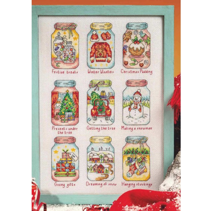Kit de punto de cruz contado, frascos de Navidad, botellas de nueve tarros, golosinas festivas, pudín, árbol, muñeco de nieve, , media de nieve