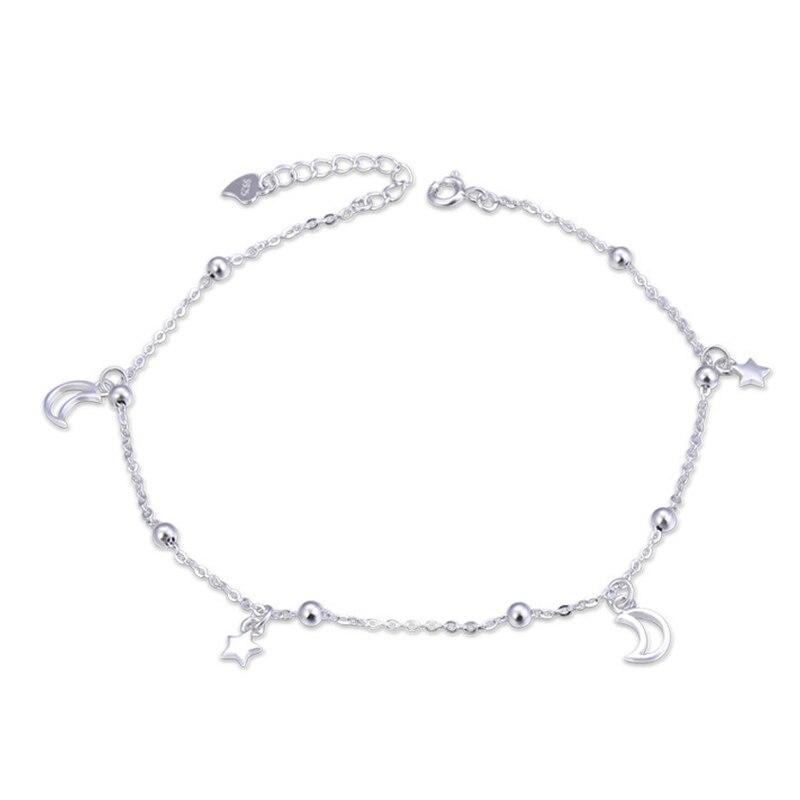Massief Zilver 100% 925 Sterling Zilveren Ster Maan Vrouwen Enkelband Eenvoudige Stijl Chain Link Enkel Luxe Sieraden