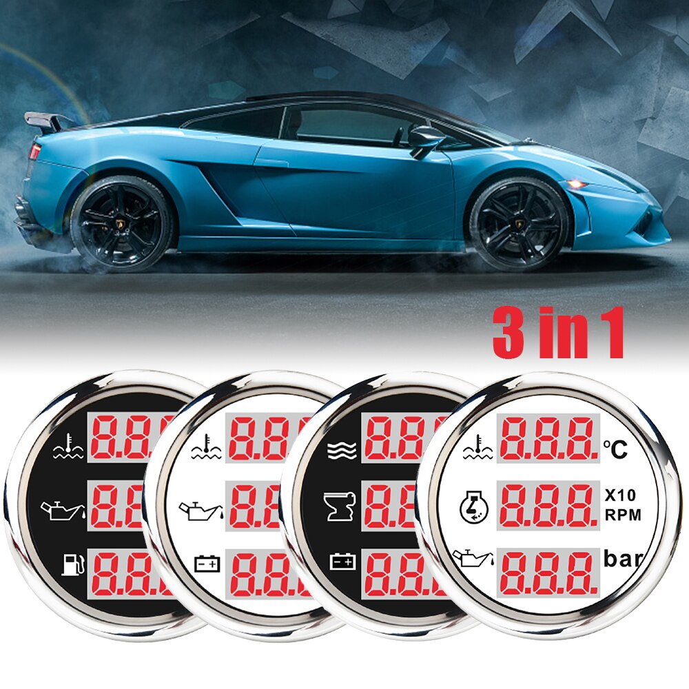 52mm Universal 3 in 1 Multi-Function Digital Gauge Waterproof Automotive Accessory Red/Yellow Backlight Available