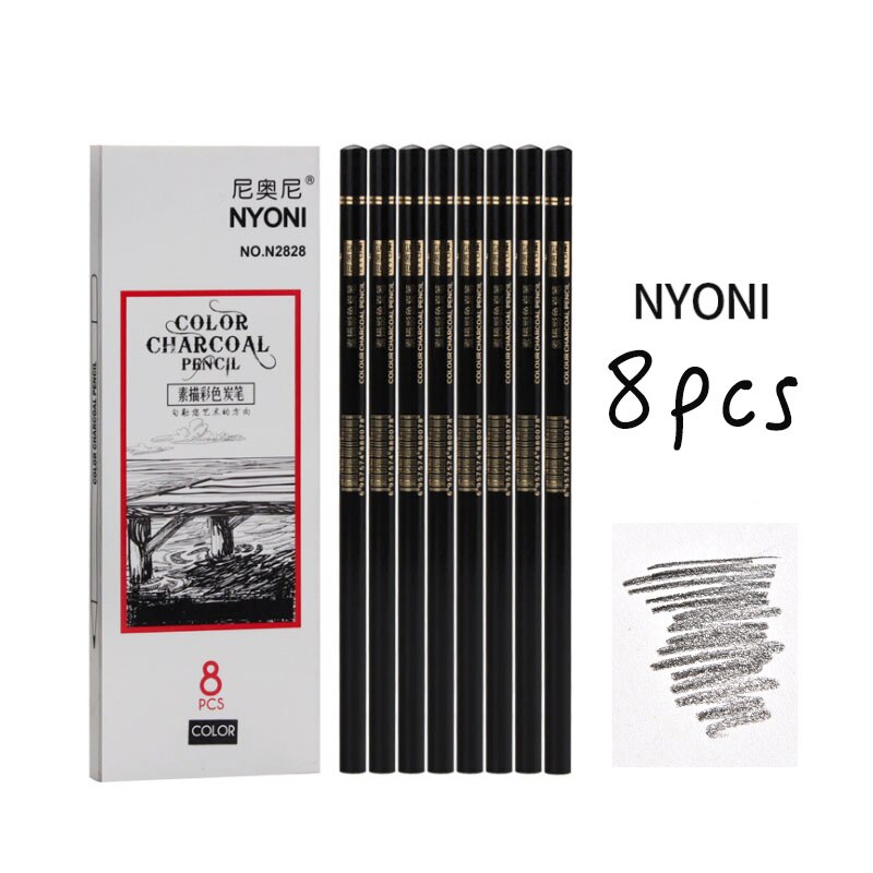 Stylo de peinture à charbon à haute brillance, 8 pièces, couleurs marron foncé/marron clair/noir/blanc, croquis, fournitures d'art peintes à la main pour étudiants: 8pcs-black