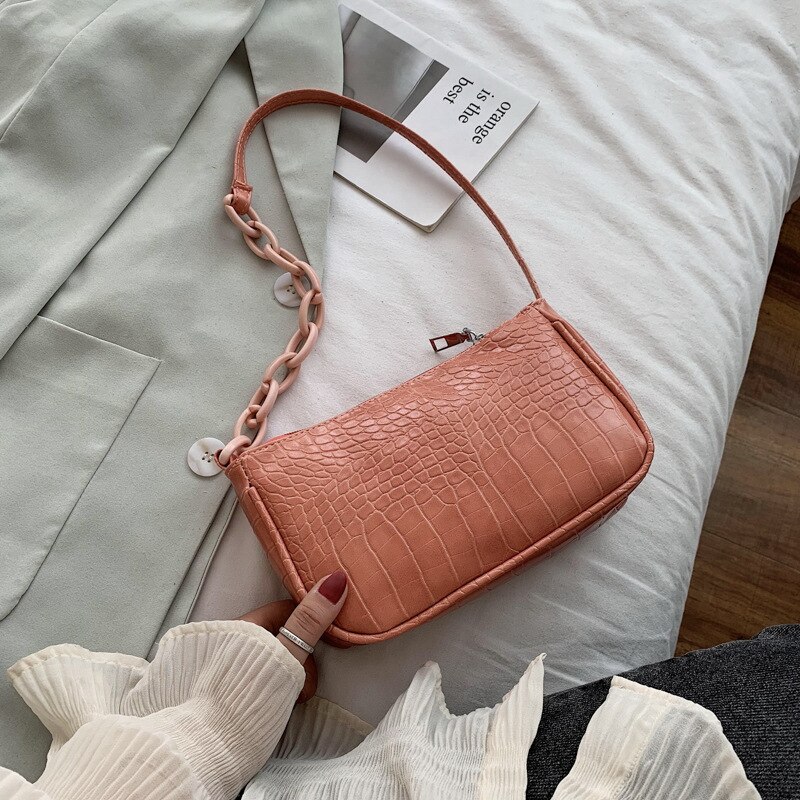Bolso Baguette con de cocodrilo para mujer, cadena de Color caramelo , Bolso pequeño de hombro para mujer, moderno, bolso para axila de cuero: Naranja