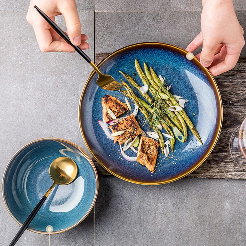 Retro ceramic tableware household dishes, dishes, steak dishes, rice bowls, soup bowls, noodle bowls, Nordic solid color Western