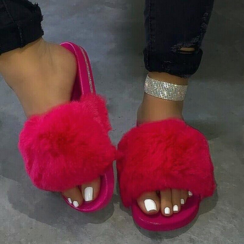 Strass lurviga tofflor dam päls hem fluffiga sliders plysch lurviga sommarlägenheter söta damskor storlek 37-41 lila rosa färg