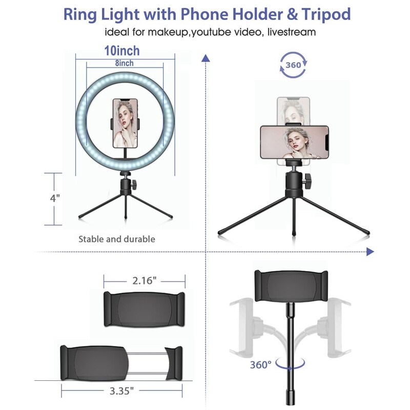 Led anel de luz com tripé pode ser escurecido desktop 3 modos luz preenchimento suporte do telefone para maquiagem ao vivo fotografia selfie