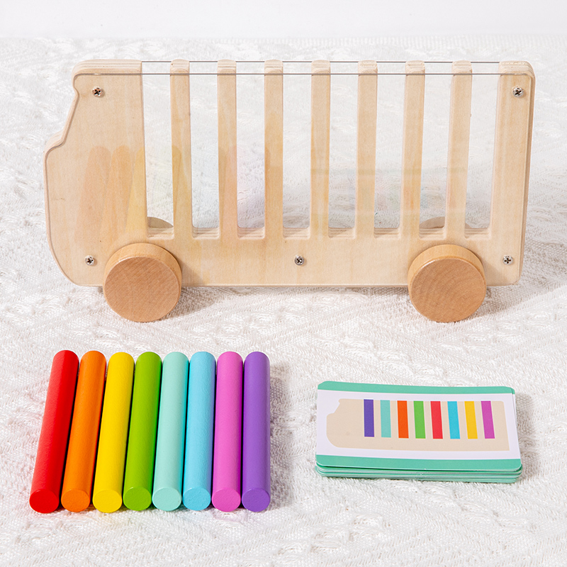 Farbsortierspiel aus Holz, Spielzeug in Busform zum Einsetzen mehrfarbiger Stäbchen, beweglicher Wagen mit 20 Karten, Farbkognitionsspielzeug: Ursprünglich Titel