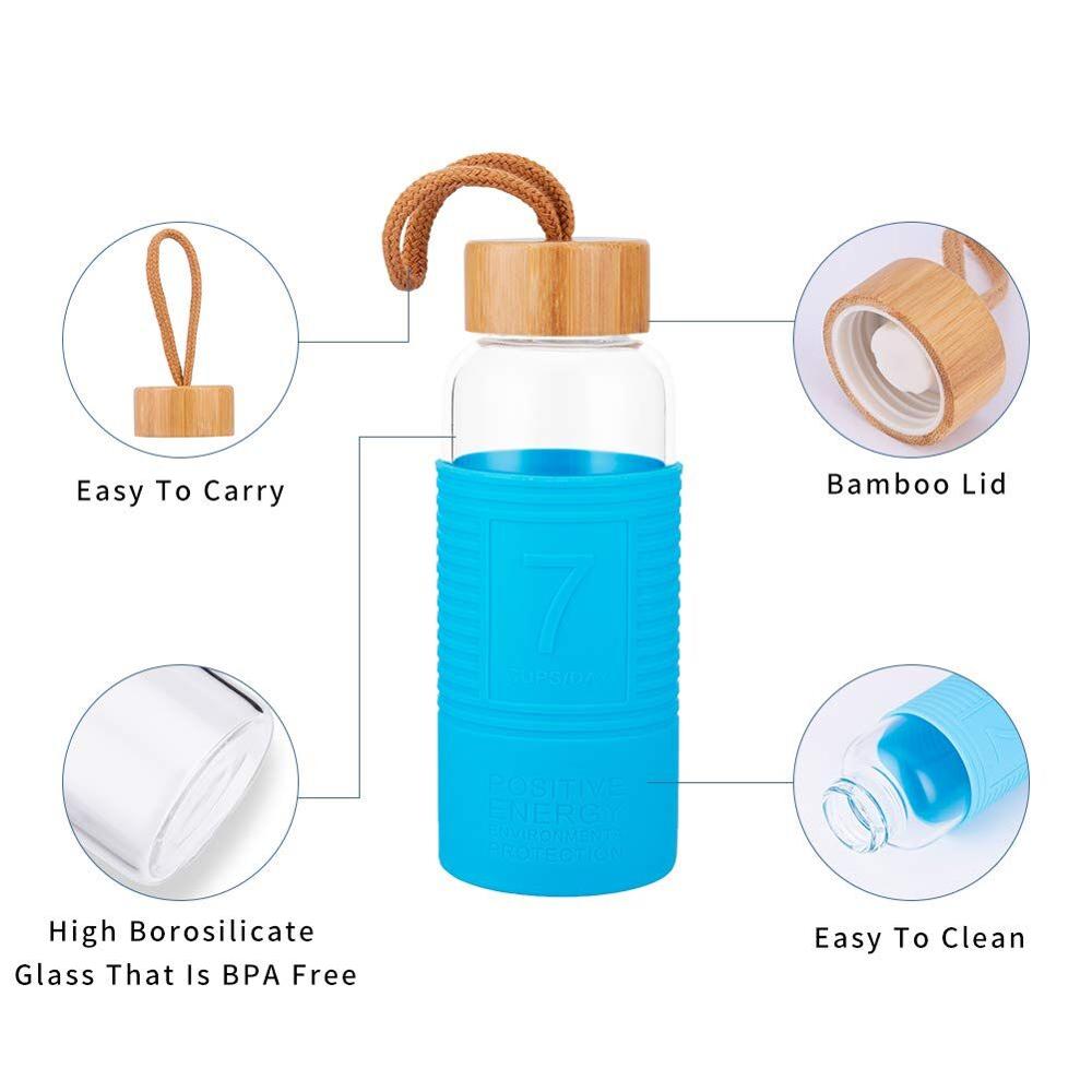 borosilicaatglas bamboe deksel glas water fles met siliconen mouwen mini water drink fles met touw