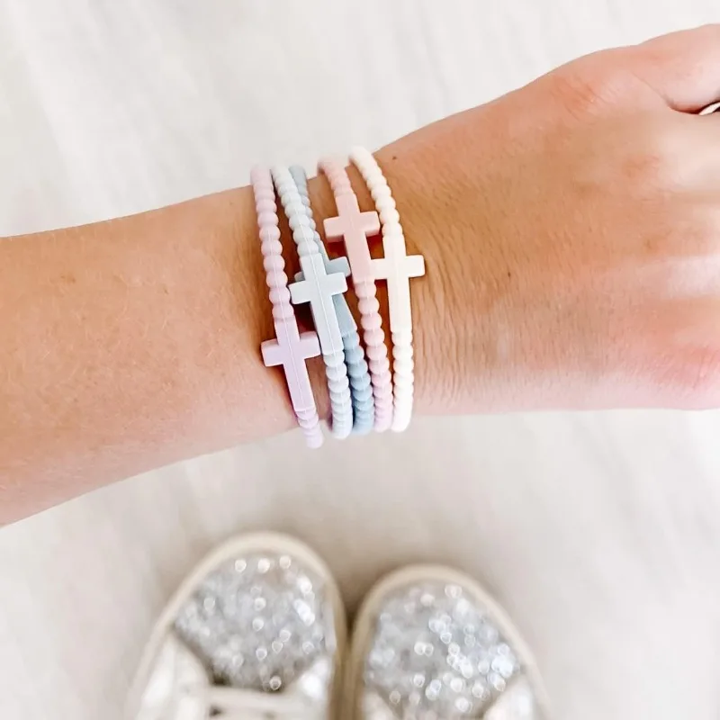 Jesus Bracelets - Cross & Macaron-colored Beaded Silicone Bracelets for Women Men Girls Boys Kids Aldult