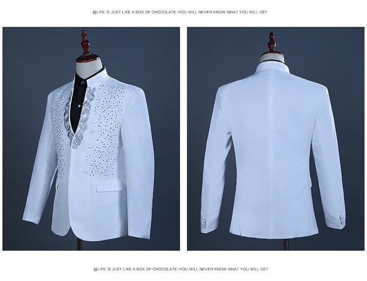 Witte Diamant Stand Kraag 2 Stuk Smoking Pak Mannen Borduren Party Wedding Suits met Broek Podium Zanger Kostuum Homme