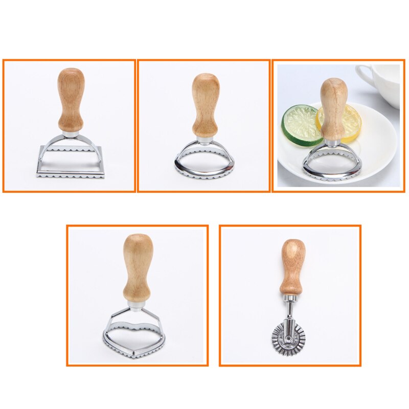 Ravioli Maker Cutter Stamp Set with Wooden Handle Zinc Alloy Biscuit Mould for Ravioli Pastal VJ: 5pcs set