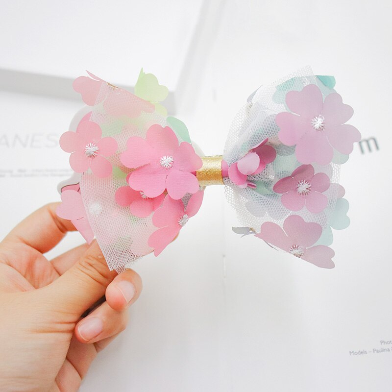 Mooie 3D Opknoping Bloem Mesh Hair Bows Kleurrijke Gradient Regenboog Kleur Haar Clip Prinses Haarspelden Hairbow Haaraccessoires: MULTI