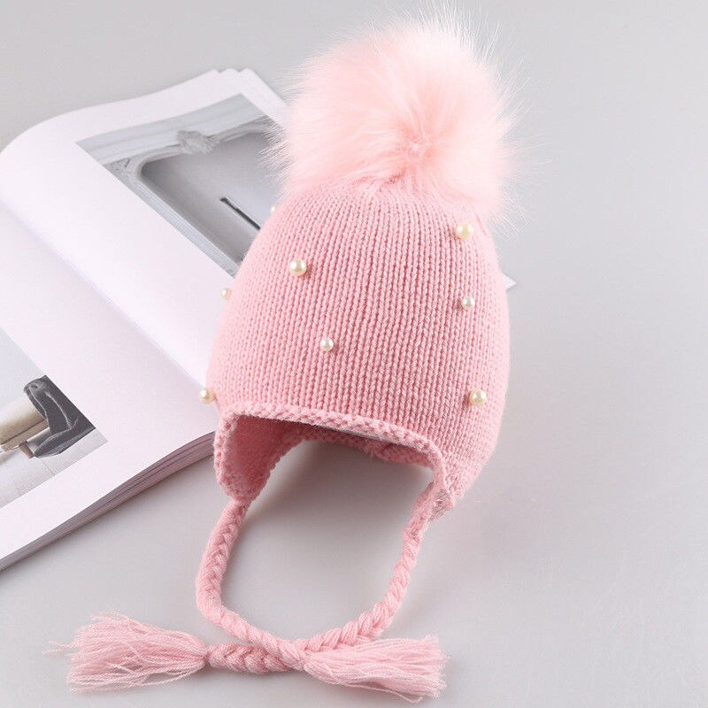 Smålåve låve baby jente gutt vinter varm bomullshatt spedbarn perle heklet strikket hatt lue lokk: Rosa