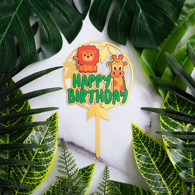 】Safari Theme Cake Topper Happy Birthday Cake Decoration for Kids Jungle Animal Birthday