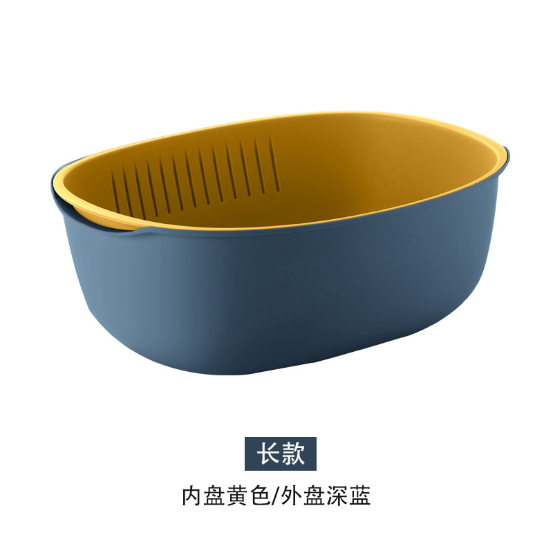 Køkken dørslag 2 in 1 frugt- og grøntsagsfilter skål sæt, aftagelige dørslag filter filter sæt vaskeskål: Blå (oval form)